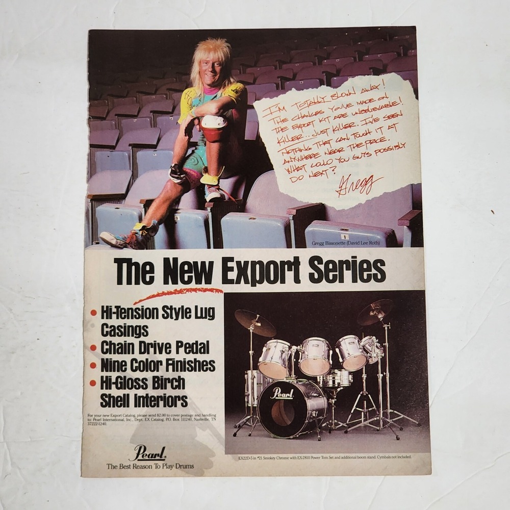 Vintage Print Ad Gregg Bissonette Pearl drum set clipping 1990 8x10